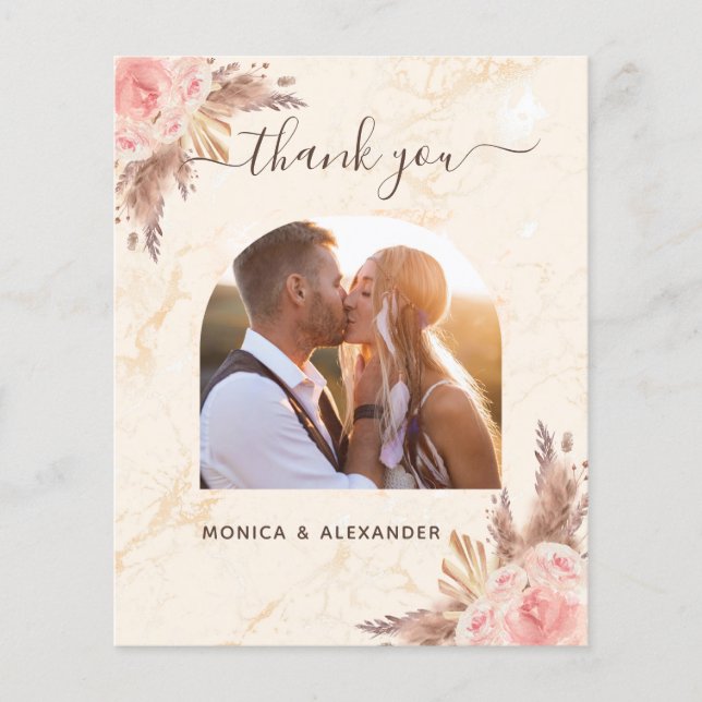 Budget pampas grass photo marble wedding thank you (Front)