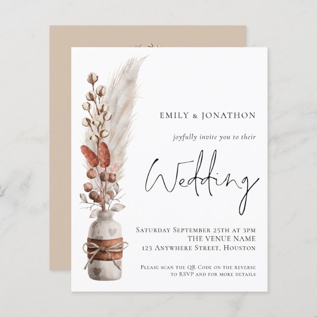 Budget Pampas Grasses QR Code Wedding Invitation (Front/Back)