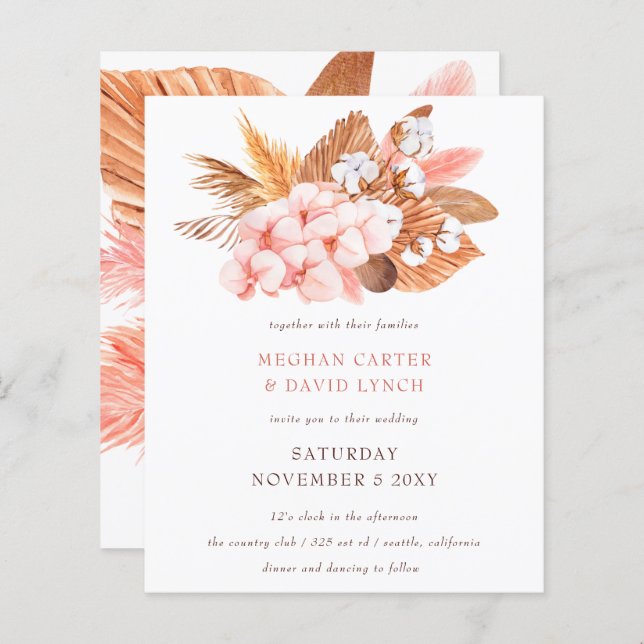 Budget Pampas Orchids Blush Wedding Invitation (Front/Back)