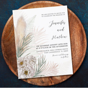 Budget Pampas & White Floral Wedding Invitation