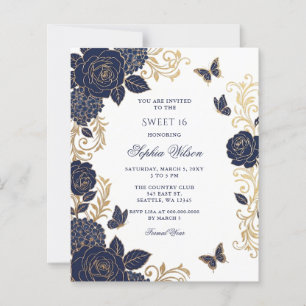 Budget Paper Navy Gold Floral Butterfly Sweet 16