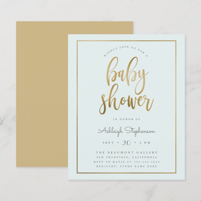 Budget Pastel Blue Gold Typography Boy Baby Shower (Front/Back)