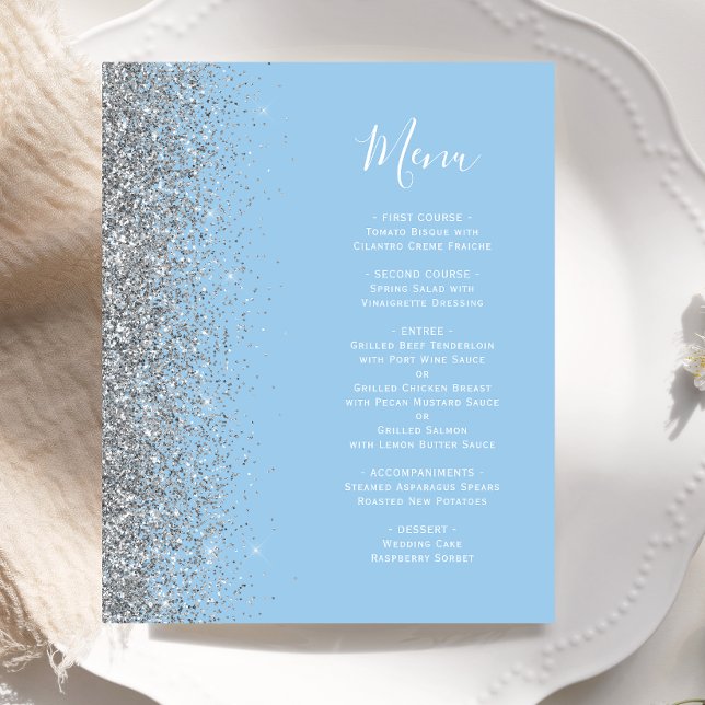 Budget Pastel Blue Silver Glitter Wedding Menu (Creator Uploaded)