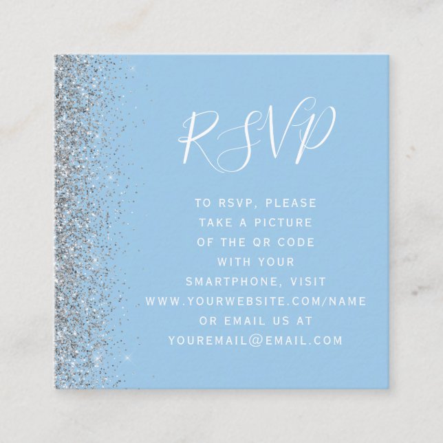 Budget Pastel Blue Silver Wedding QR Code RSVP Enclosure Card (Front)