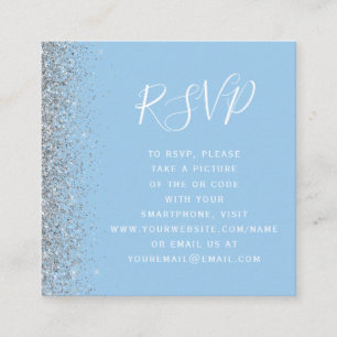 Budget Pastel Blue Silver Wedding QR Code RSVP Enclosure Card