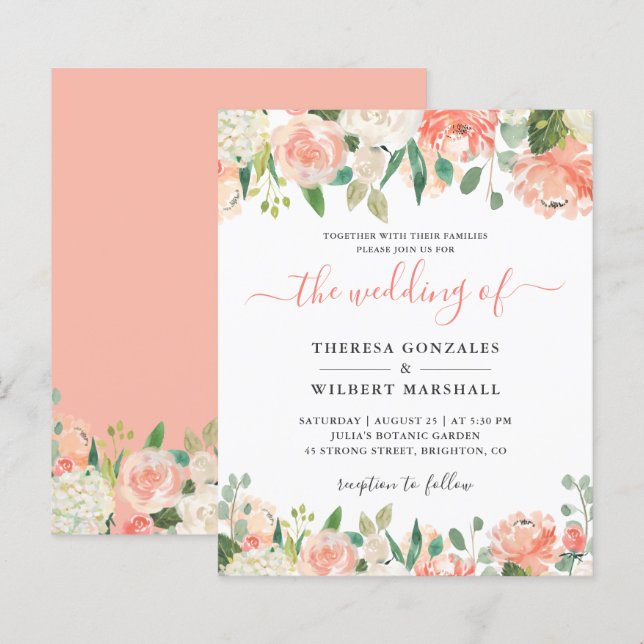 Budget Pastel Coral and Peach Wedding Invitation (Front/Back)