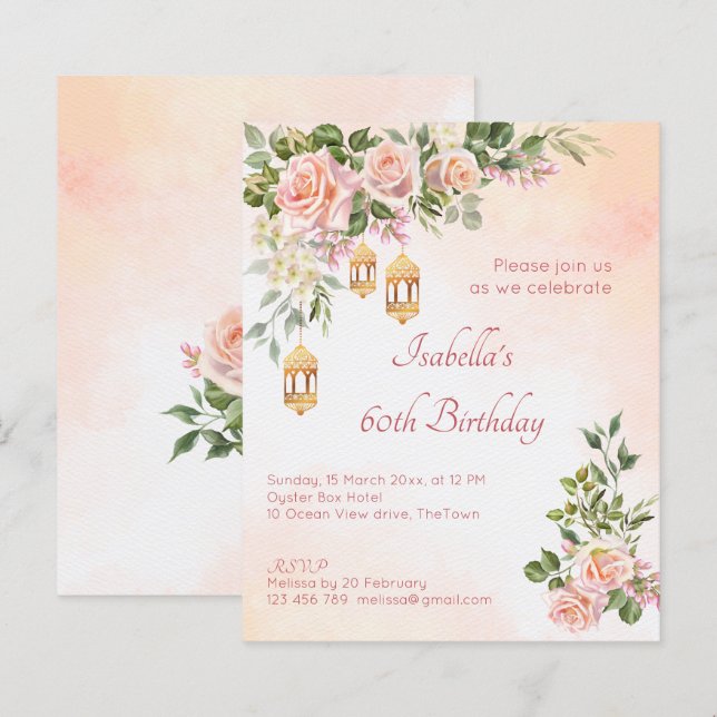 Budget Pastel cream roses Moroccan lanterns invite (Front/Back)