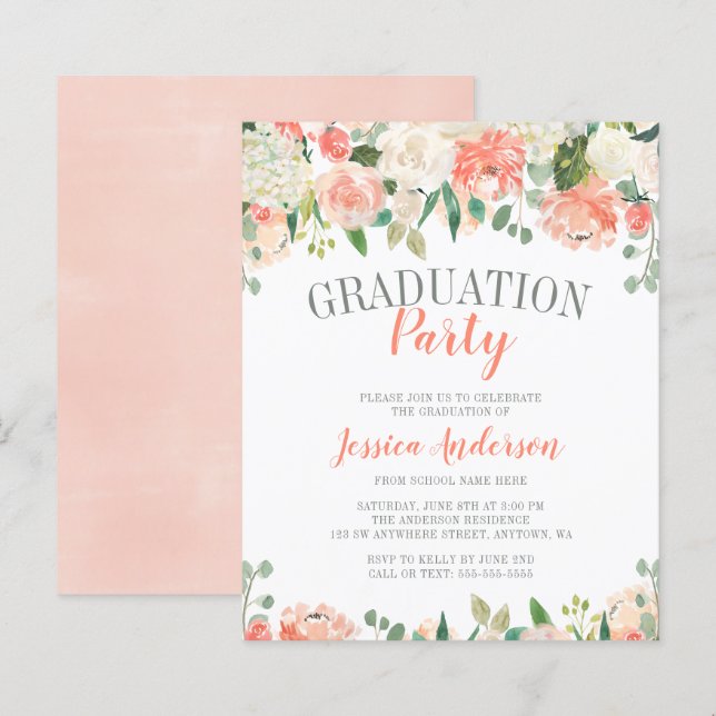 Budget Pastel Watercolor Flower Graduation Party (Front/Back)