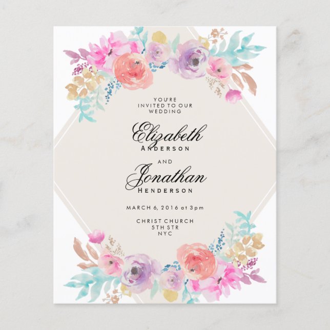 Budget Pastel Watercolor Flowers Wedding Invite Flyer (Front)