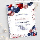 Budget patriotic birthday party invitation<br><div class="desc">A chic white background. Decorated with patriotic coloured  balloons in red blue and white. Personalise and add a name and party details. The name is written with a hand lettered style script.</div>