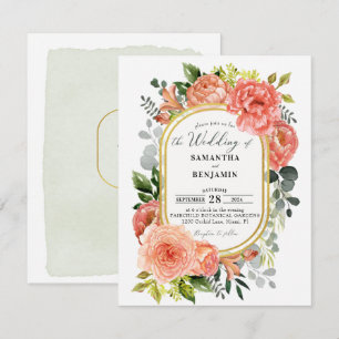 Budget Peach Blush Floral Gold Modern Wedding     Invitation