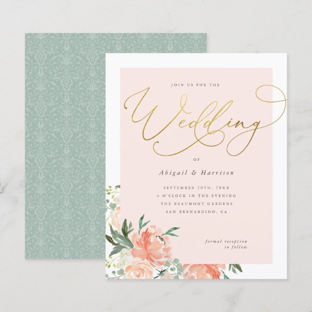 Budget Peach Blush & Gold Script Floral Wedding (Front/Back)