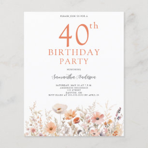 Budget Peach Floral 40th Birthday Invitation Flyer