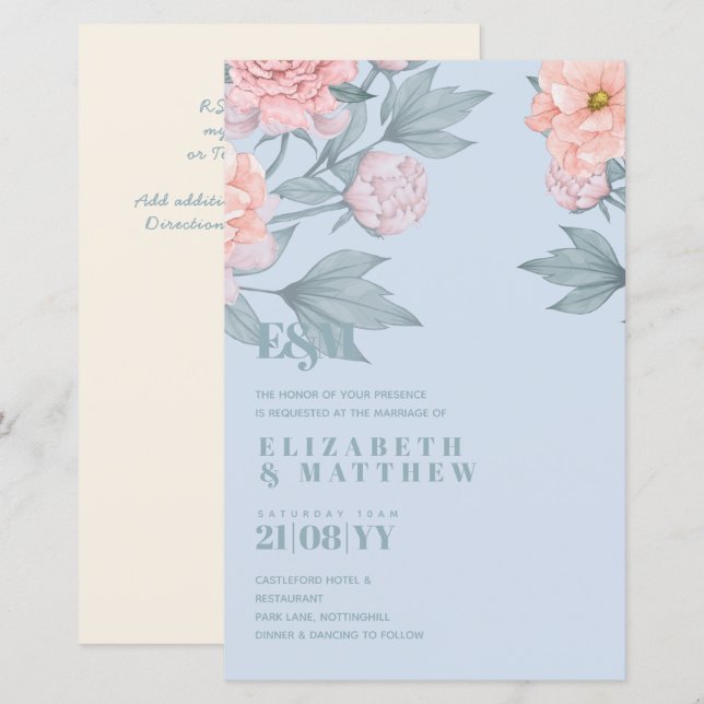 Budget Peach Floral Dusty Blue Sage Leaf Wedding (Front/Back)