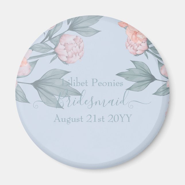 Budget Peach Floral Dusty Blue Sage Leaf Wedding Magnet (Front)