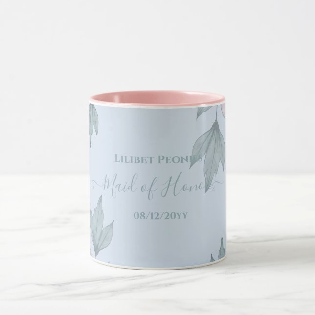 Budget Peach Floral Dusty Blue Sage Leaf Wedding Mug (Center)