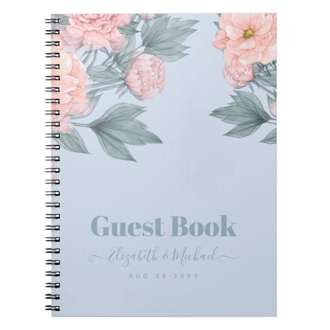 Budget Peach Floral Dusty Blue Sage Leaf Wedding Notebook (Front)