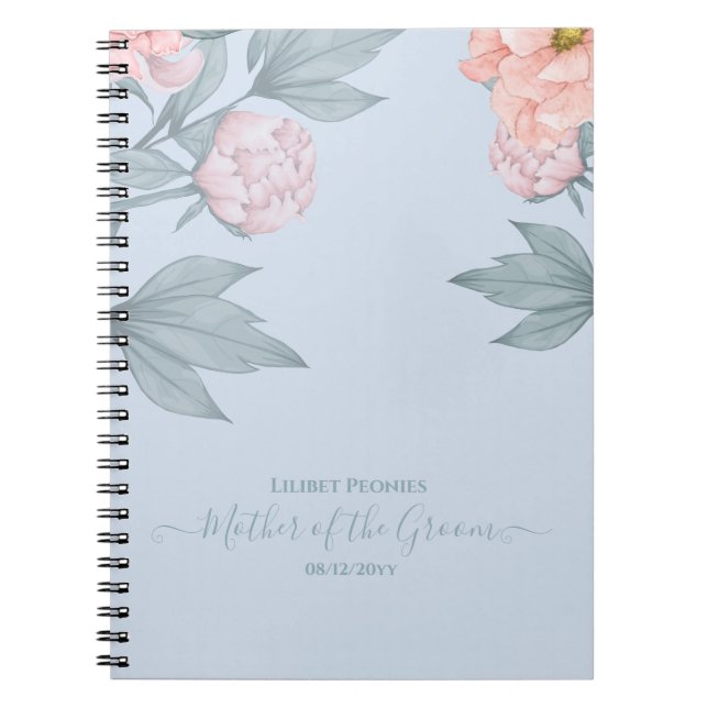 Budget Peach Floral Dusty Blue Sage Leaf Wedding Notebook (Front)