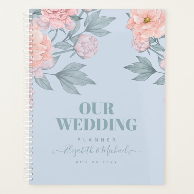 Budget Peach Floral Dusty Blue Sage Leaf Wedding Planner (Front)