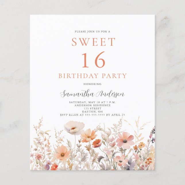 Budget Peach Floral Sweet 16 Birthday Invitation Flyer (Front)