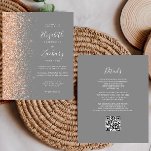 Budget Peach Glitter Grey QR Code Wedding Invite