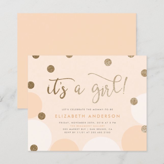 Budget Peach & Gold Confetti Girl Baby Shower (Front/Back)