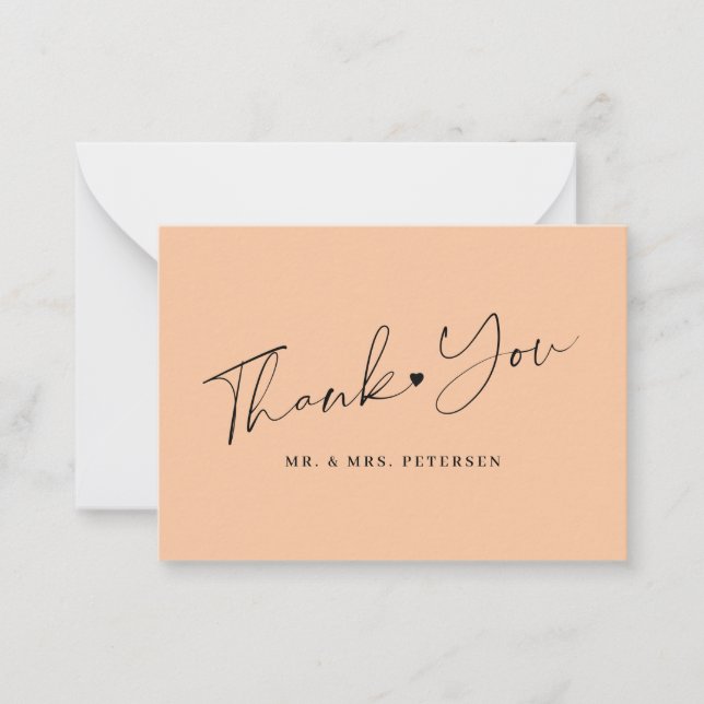 Budget peach wedding thank you script card (Front)