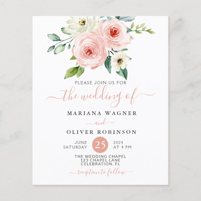 Budget Peach White Watercolor Floral Wedding Flyer (Front)