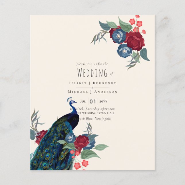 BUDGET  Peacock Blue Burgundy Winter Fall Wedding Flyer (Front)