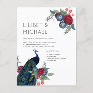 BUDGET Peacock Blue Burgundy Winter Fall Wedding Postcard