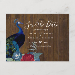 BUDGET Peacock Blue Burgundy Winter Fall Wedding Postcard