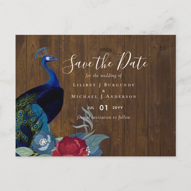 BUDGET  Peacock Blue Burgundy Winter Fall Wedding Postcard (Front)