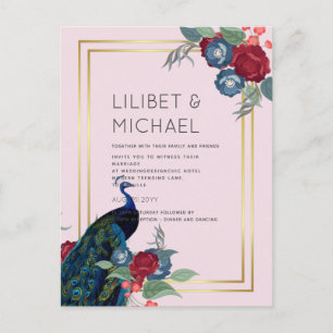 BUDGET  Peacock Blue Burgundy Winter Fall Wedding Postcard