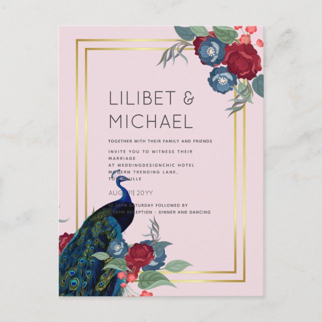 BUDGET  Peacock Blue Burgundy Winter Fall Wedding Postcard (Front)