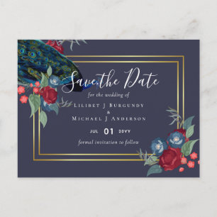 BUDGET Peacock Blue Burgundy Winter Fall Wedding Postcard