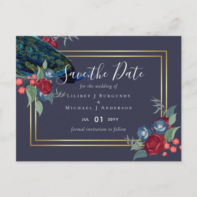 BUDGET  Peacock Blue Burgundy Winter Fall Wedding Postcard (Front)