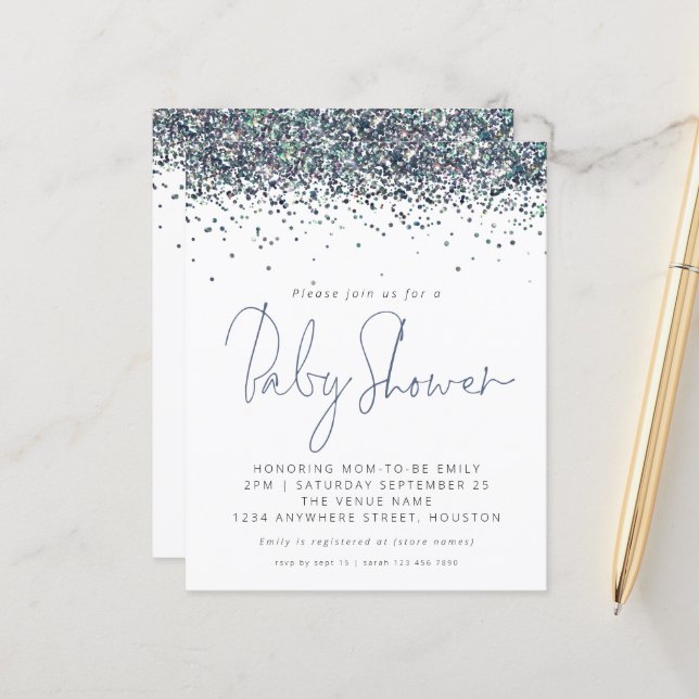 Budget Peacock Blue Glitter Baby Shower Invite (Front/Back In Situ)
