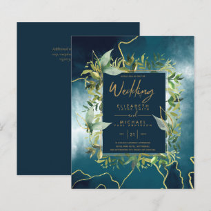 BUDGET  Peacock Blue Gold Greenery Wedding Invites