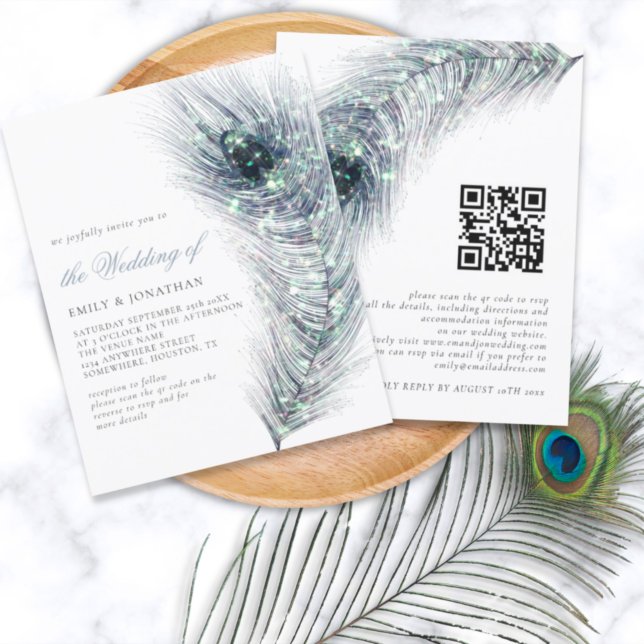 Budget Peacock Feather QR Code Wedding Invite (Creator Uploaded)