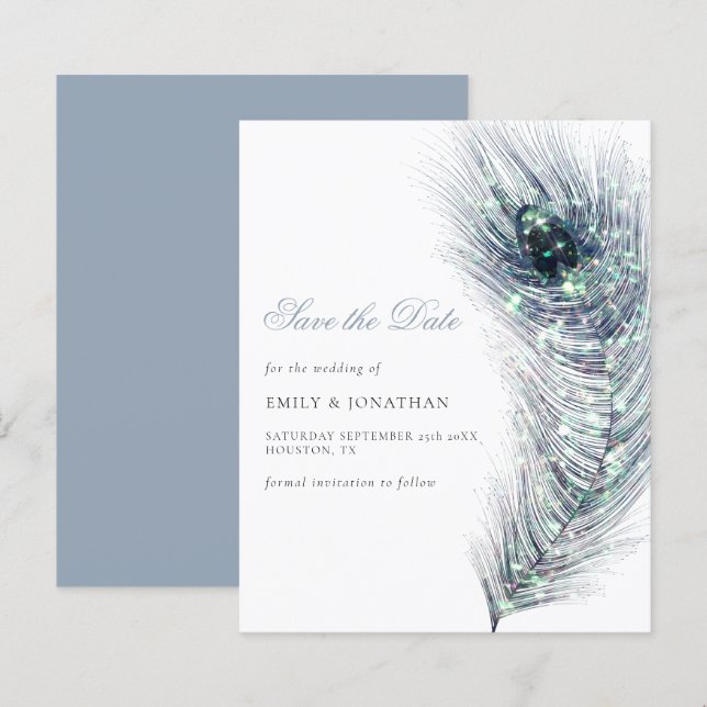Budget Peacock Feather Wedding Save The Date (Front/Back)