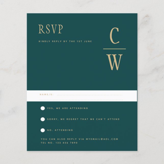 BUDGET Peacock TEAL Green Gold Wedding RSVP Flyer (Front)