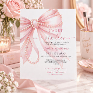Budget Pearl Pink Bow Sweet 16 Birthday Invitation