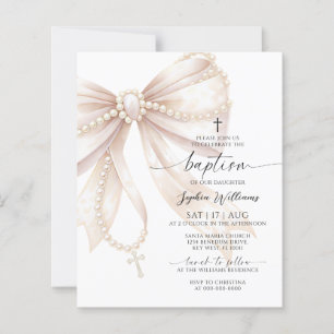 Budget Pearl Rosary Bow Baptism Invitation