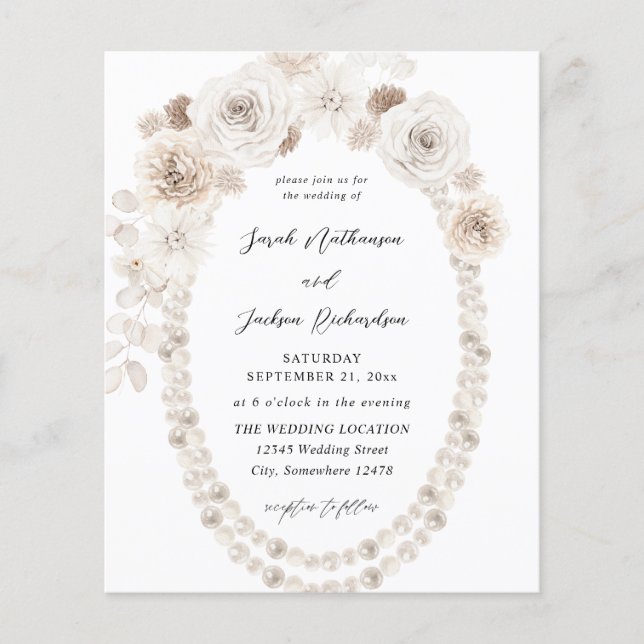 Budget Pearls & White Floral Wedding Flyer (Front)