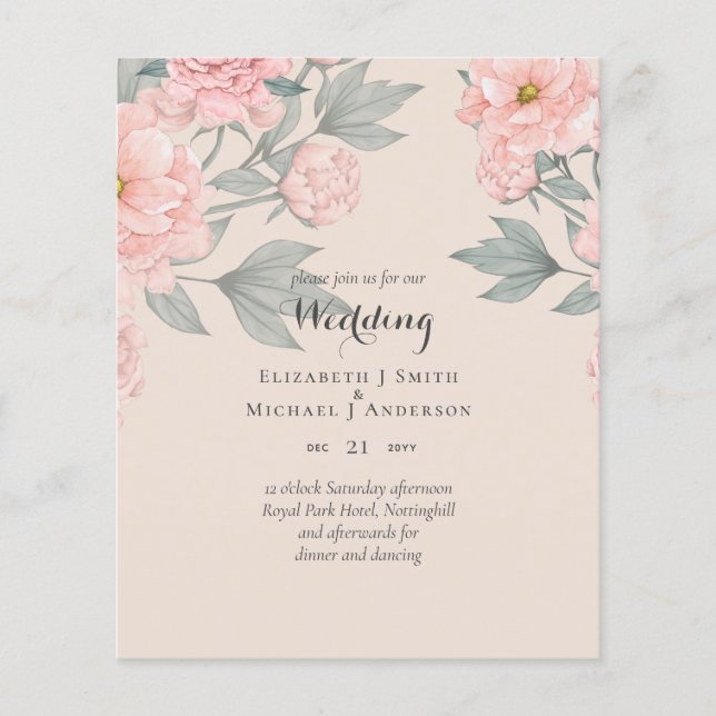BUDGET  PEONIES Pink Sage Peach Wedding Invite Flyer (Front)