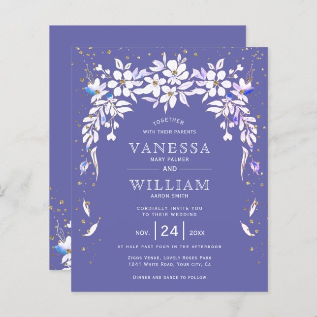 BUDGET periwinkle blue floral wedding invitation (Front/Back)
