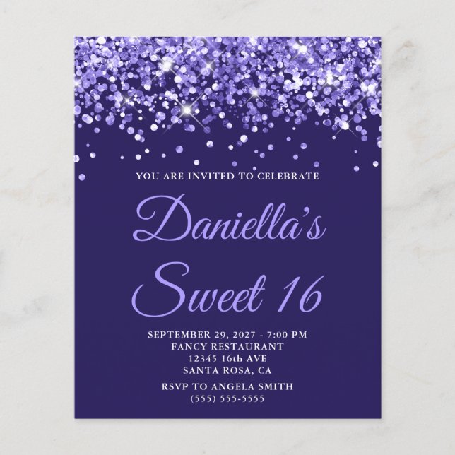 Budget Periwinkle Glitter Purple Sweet 16 Invite (Front)