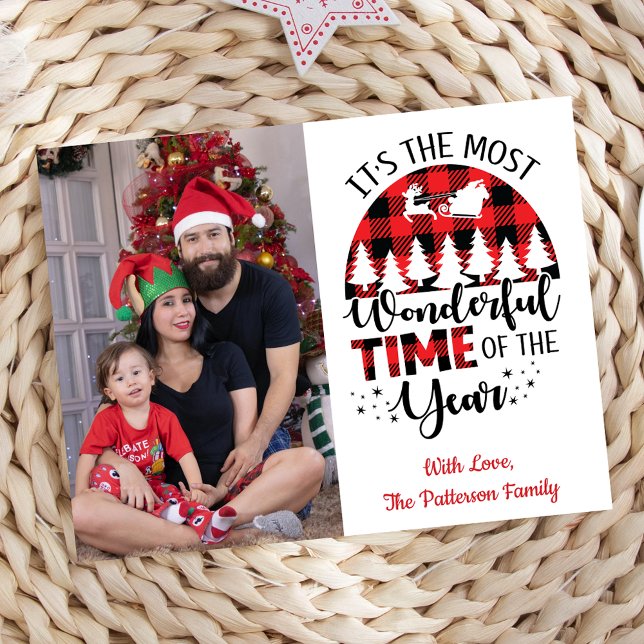 Budget Personalised Name Christmas Photo Card (It's The Most Wonderful Time Of The Year, Red & Black, Personalized Christmas Photo Card)