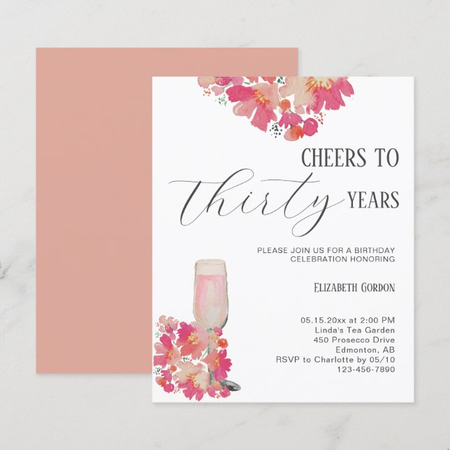 Budget Petals & Prosecco 30th Birthday Floral Pink (Front/Back)