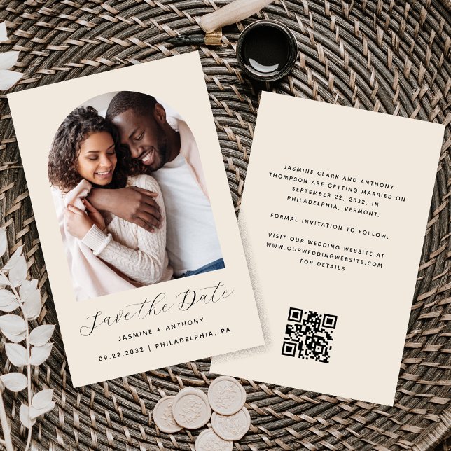 Budget Photo Arch Beige QR Code Save the Date (Creator Uploaded)